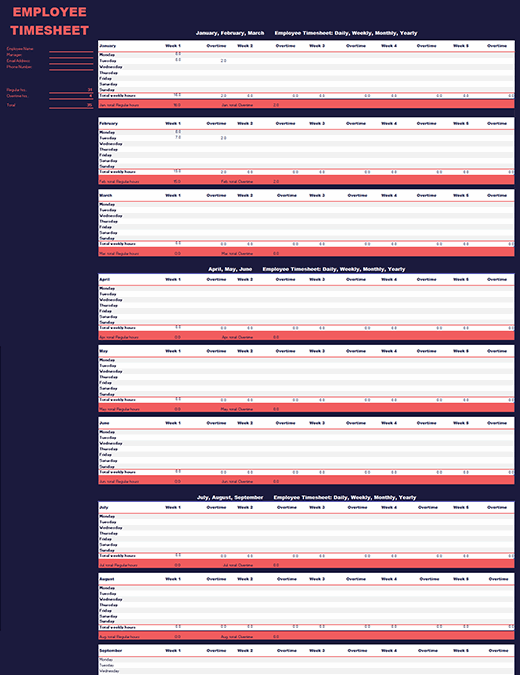 Employee time sheet (weekly, monthly, yearly)
