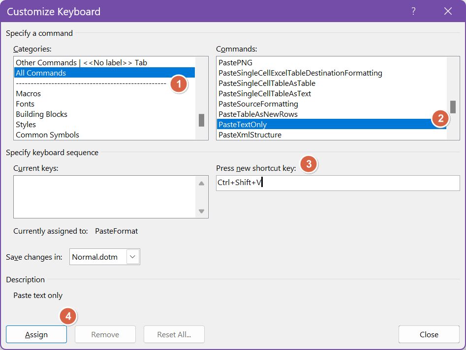 Manage default Paste style in Word, add a Paste without formatting