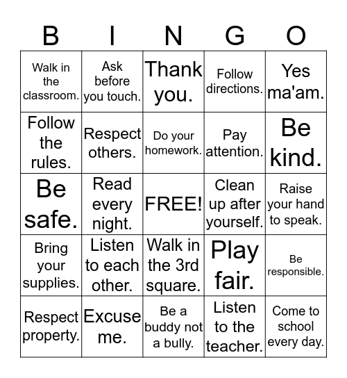 Respect Bingo Card
