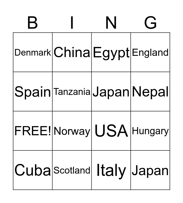 Countries Bingo Card