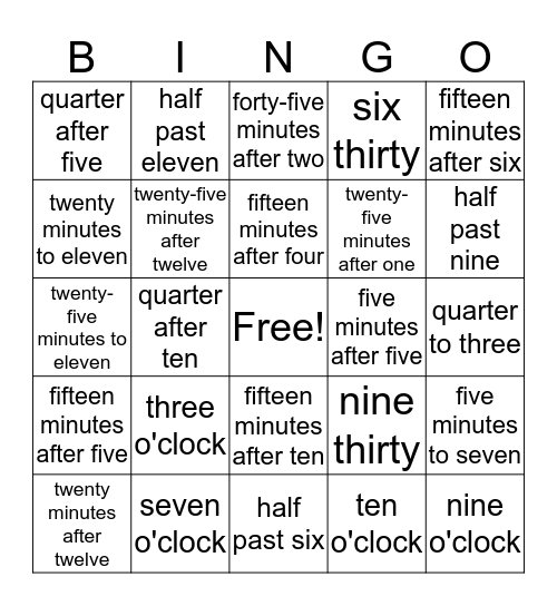 ClockReading Bingo Card