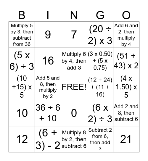 Math Bingo Card