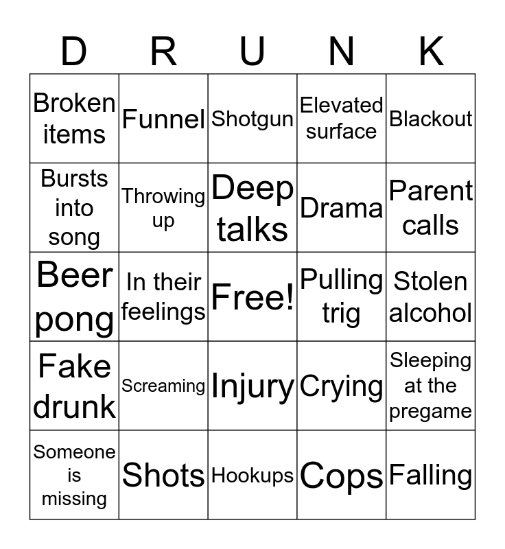 Let’s Get dRuNk Bingo Card