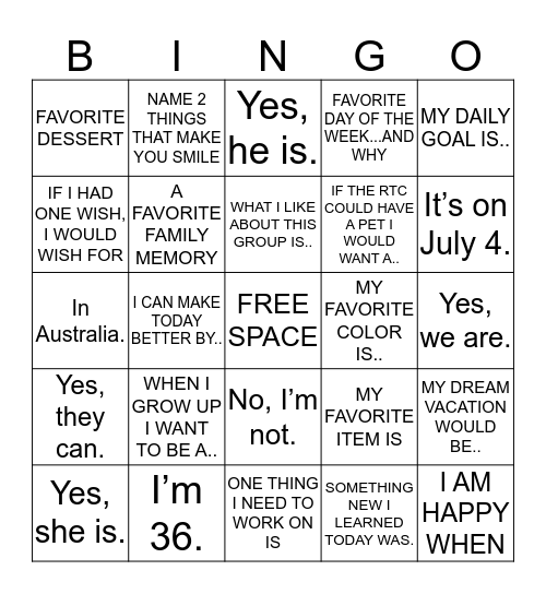 INTERACTIVE BINGO Card