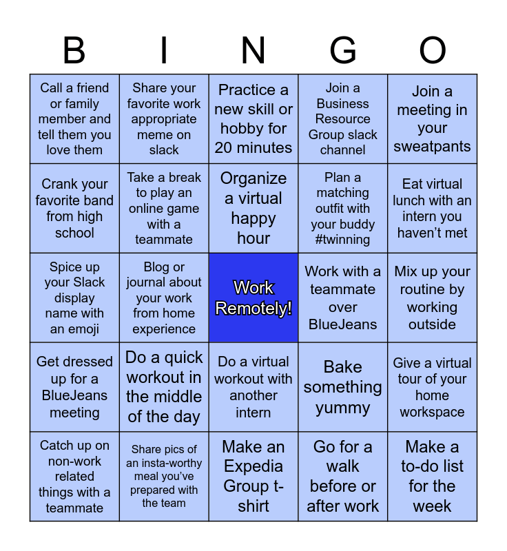 Remote Work Bingo Card