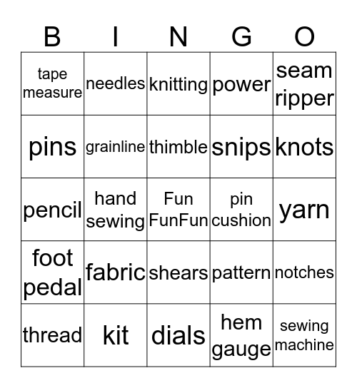 Sewing Bingo Card