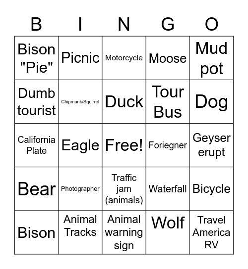 Yellowstone Bingo Card