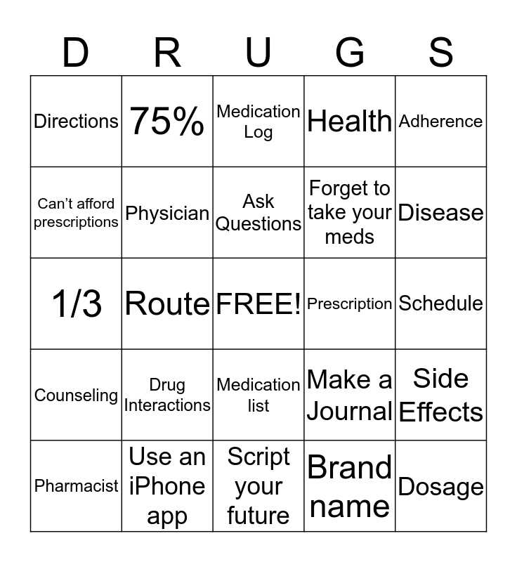 Medication Adherence Bingo Card