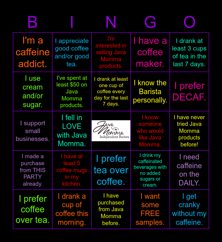 Java Momma Bingo Card