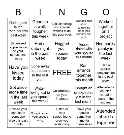 Couples Bingo Card