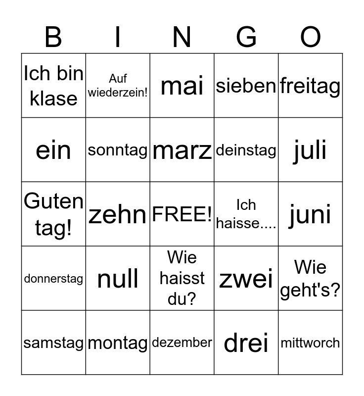 German Bingo Card