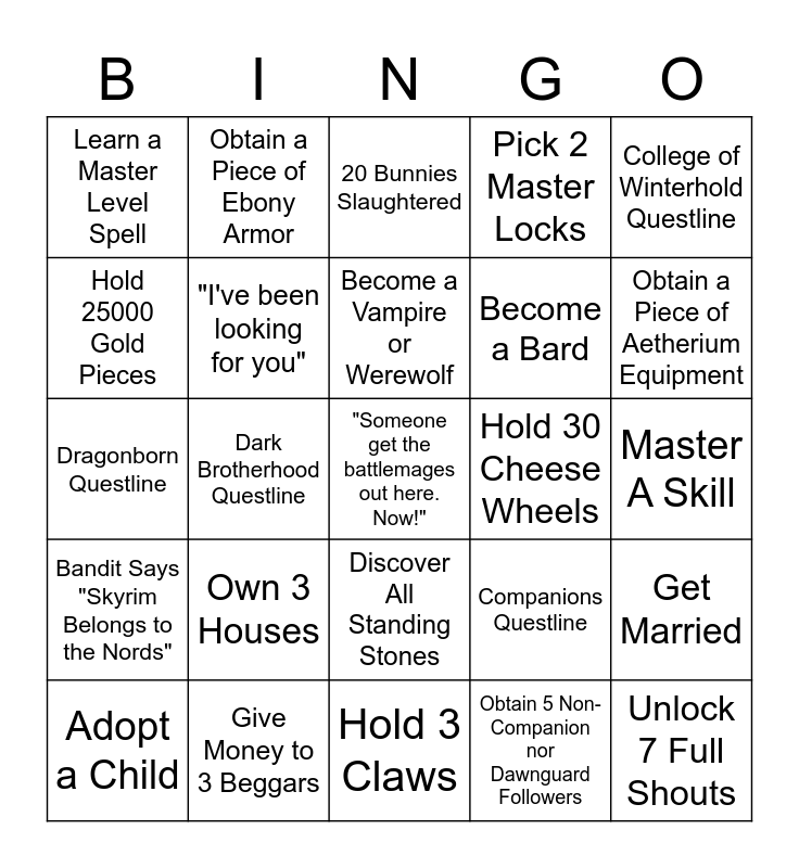 Skyrim Bingo Card