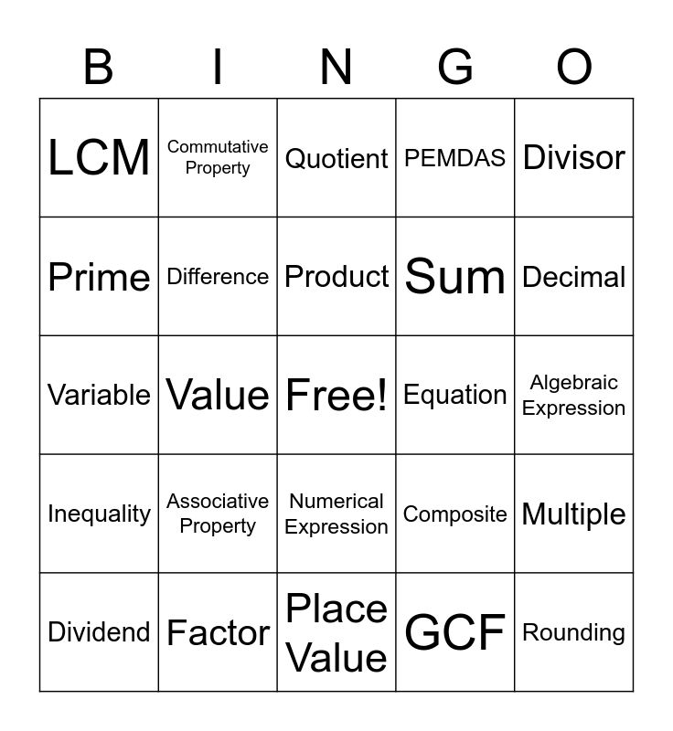 5th Grade Math! Bingo Card
