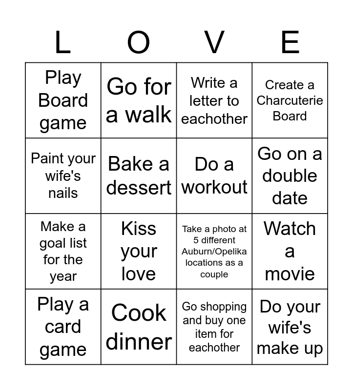 Couples Bingo Card