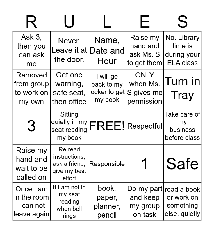 Classroom Rules, Expectations, & Procedures Bingo Card
