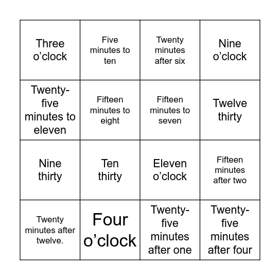 ClockReading Bingo Card