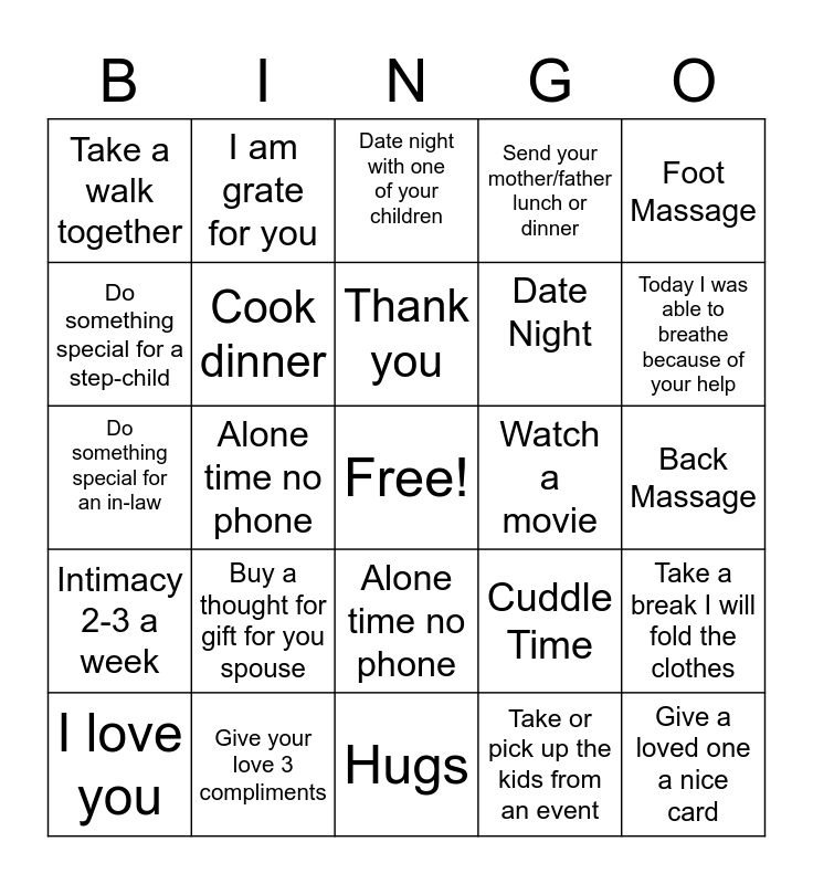 Couples Bingo 2 Bingo Card