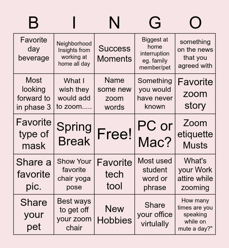Remote Work Bingo Card