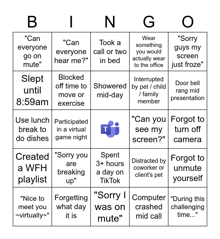 Remote Work Bingo Card