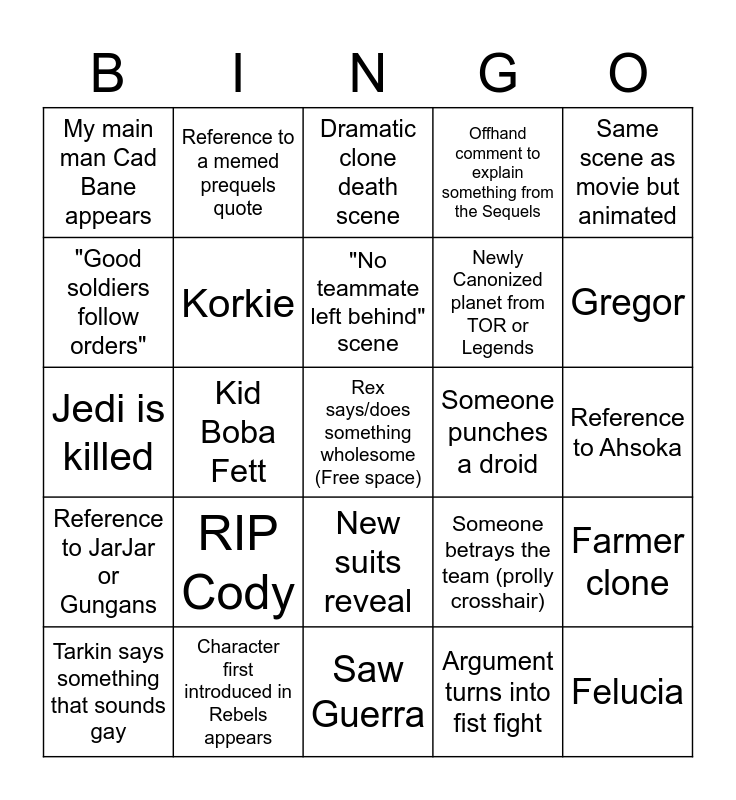 Bad Batch BINGO Card