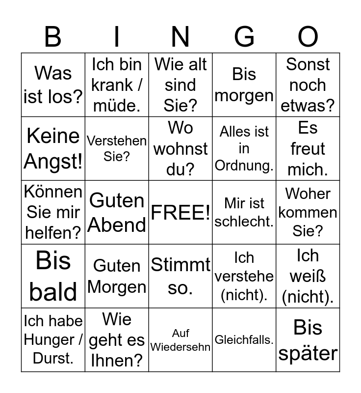 German Bingo Card