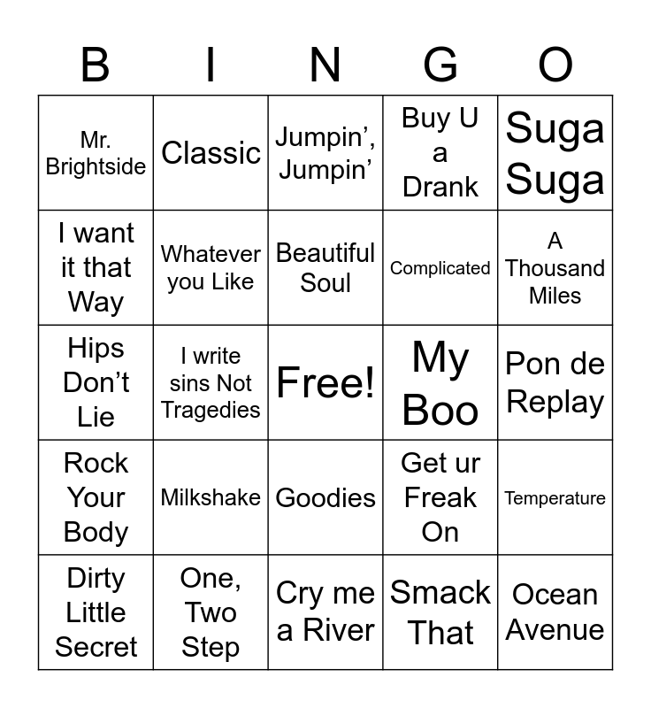 Throwback Bangers Bingo Card