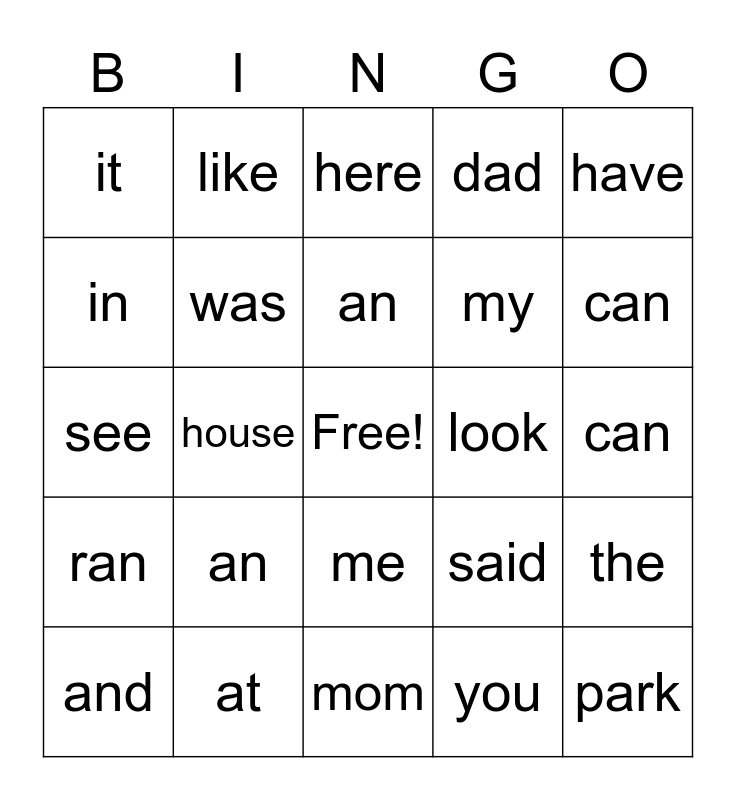 SNAP Words Bingo Card