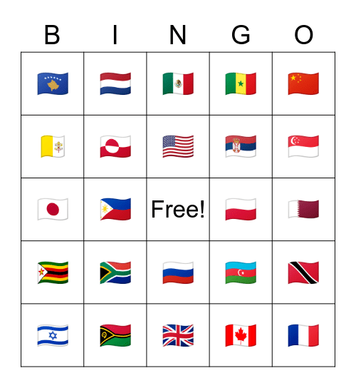 Countries Bingo Card