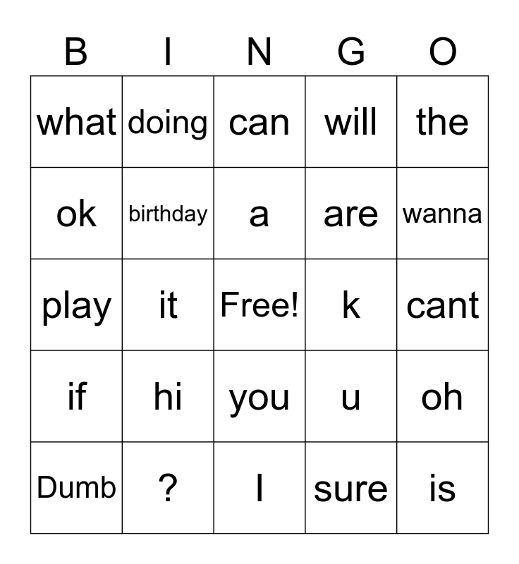 Words Bingo Card