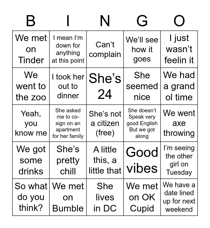 Date Night Bingo Card