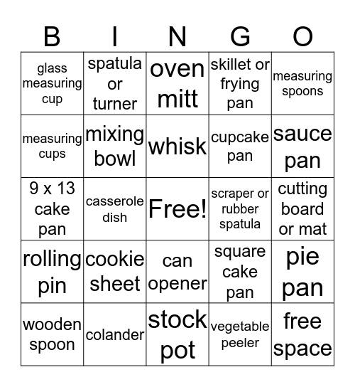 Kitchen Tools Bingo Card