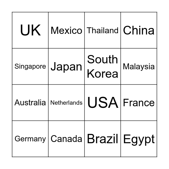 Countries Bingo Card