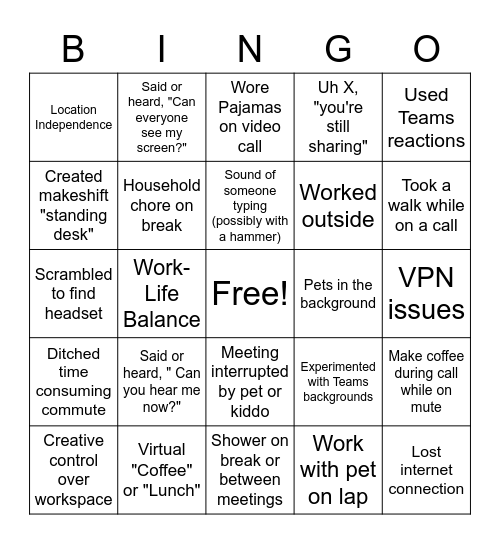 Remote Working Bingo Card