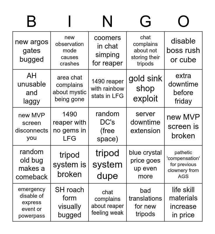 Lost Ark Reaper Patch Bingo Card