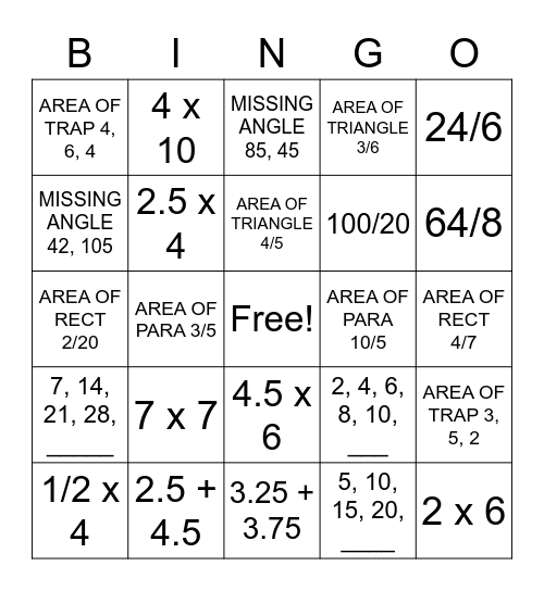 Math Bingo Card