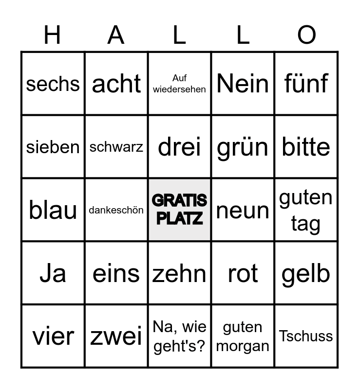 German Bingo Card