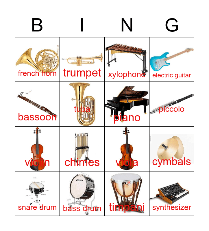 Instruments Wind, String, Percussion, Electronic Bingo Card