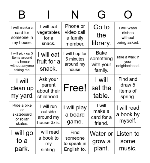 Spring Break Bingo Card