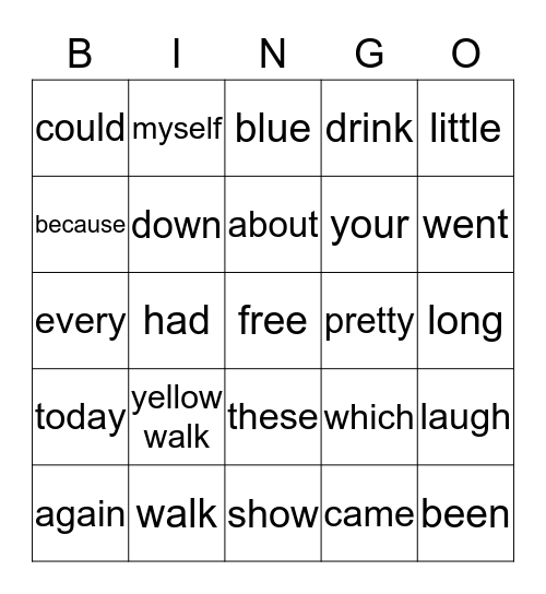 DOLCH Bingo Card