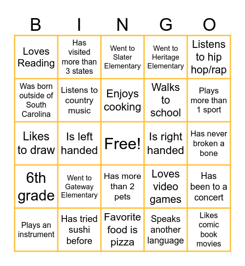 Middle School Bingo Card