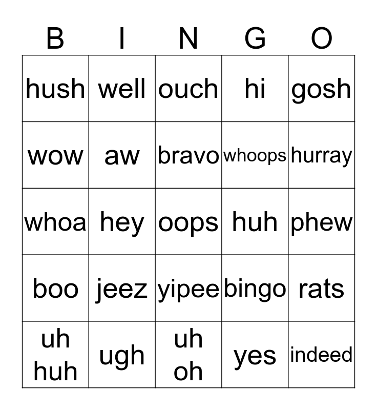 Interjection Bingo Card