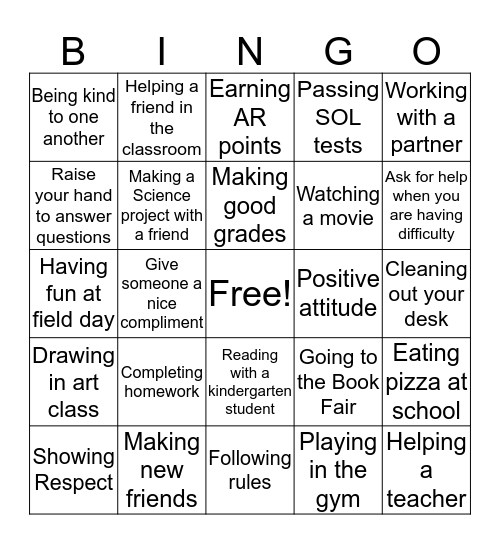 Mountain View Elementary Bingo Card
