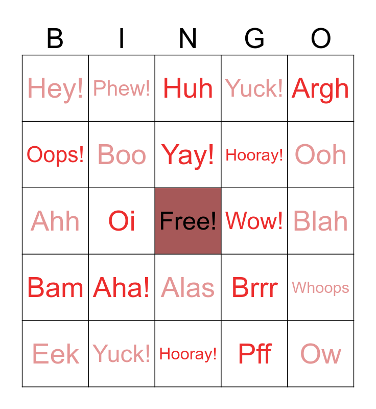 Interjection Bingo Card