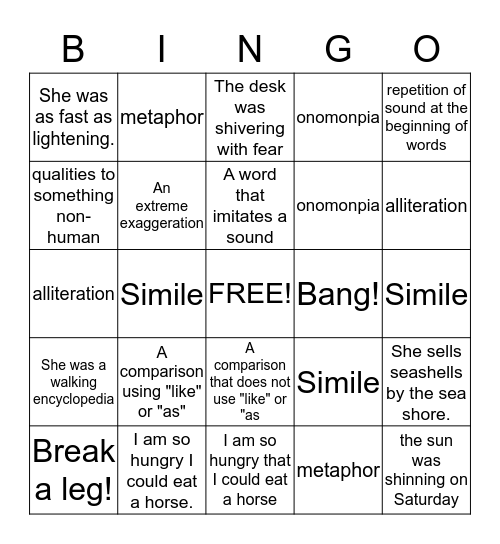 Figurative Language Bingo Card