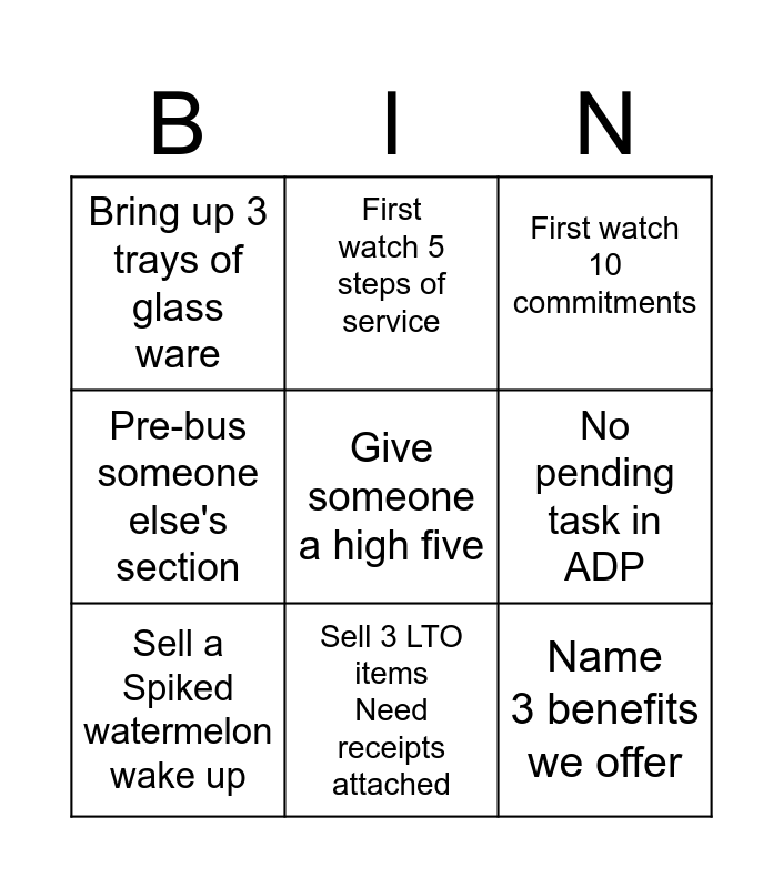 FIRST WATCH Bingo Card
