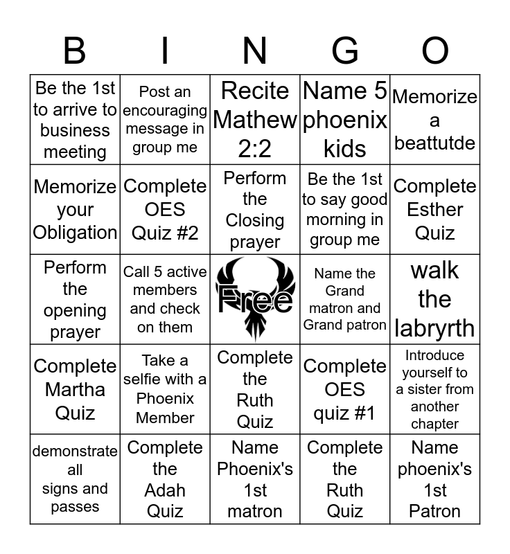 Phoenix Bingo Bingo Card