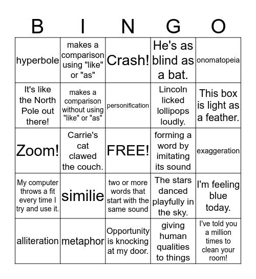 Figurative Language Bingo Card