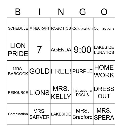Lakeside Bingo Card