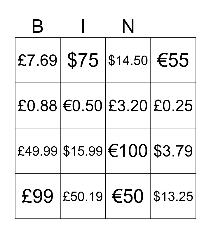 Prices Bingo Card