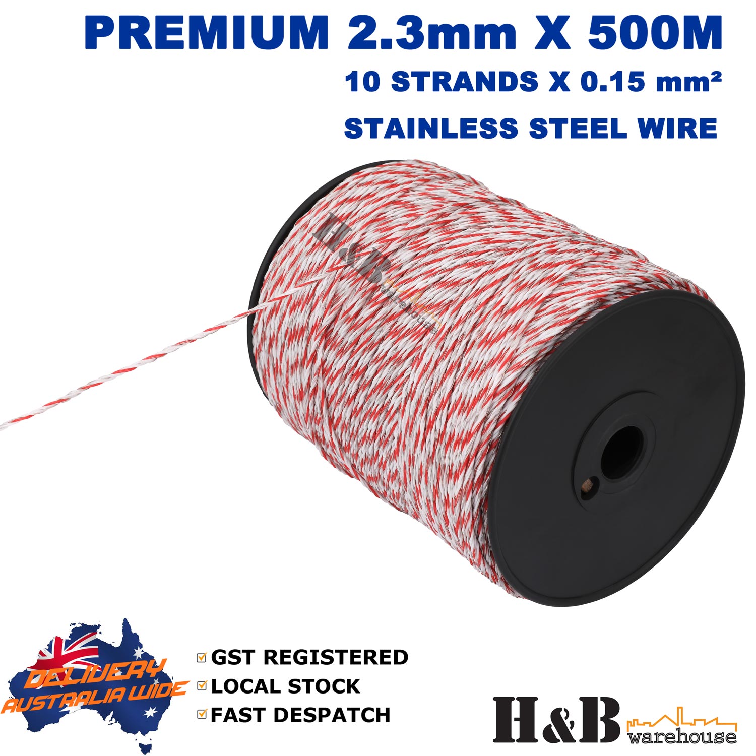 2.3mm X 500M Electric Fence Rope Wire Poly Polywire 10 Strands SS